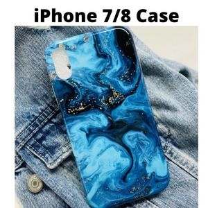 iPhone 7/8 Case Blue Gold Marble Print NEW Silicone Glossy Cover
